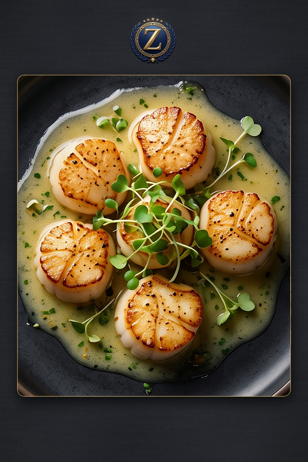 Pan-seared scallops with sauce — ZAD Al Khair catering illustration