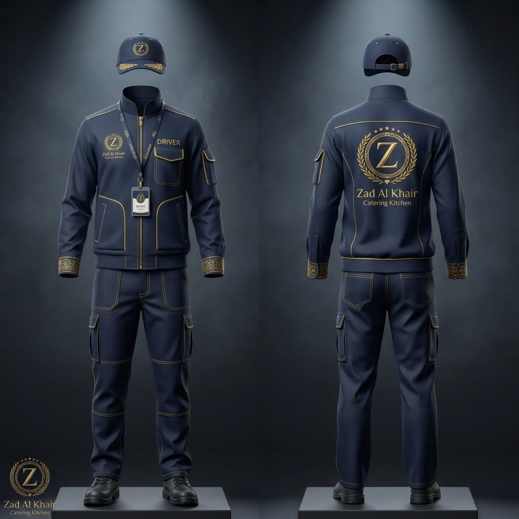 Delivery driver uniform with jacket and cap — ZAD Al Khair catering illustration