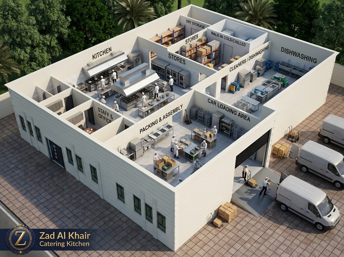 Central catering kitchen layout with cooking, packing, cold storage, dishwashing and loading areas — ZAD Al Khair illustration