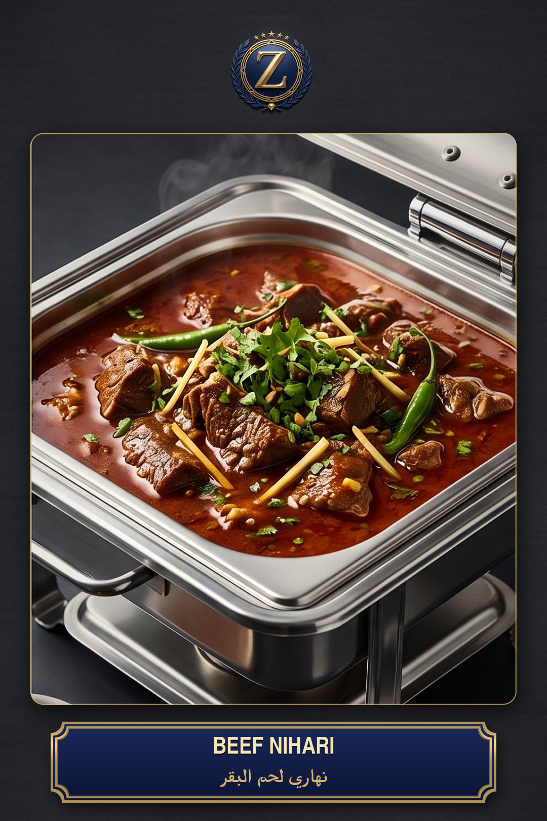 Beef nihari in a buffet chafing dish — ZAD Al Khair catering illustration