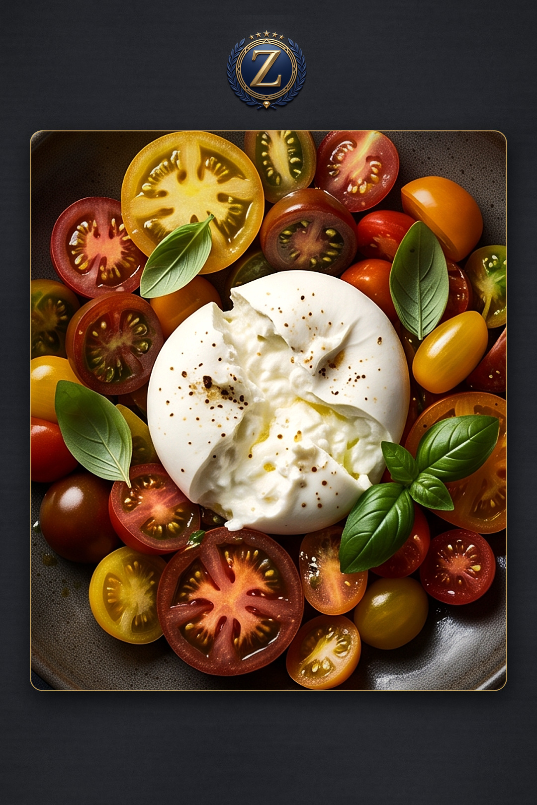 Heirloom tomatoes with burrata and basil — ZAD Al Khair catering illustration