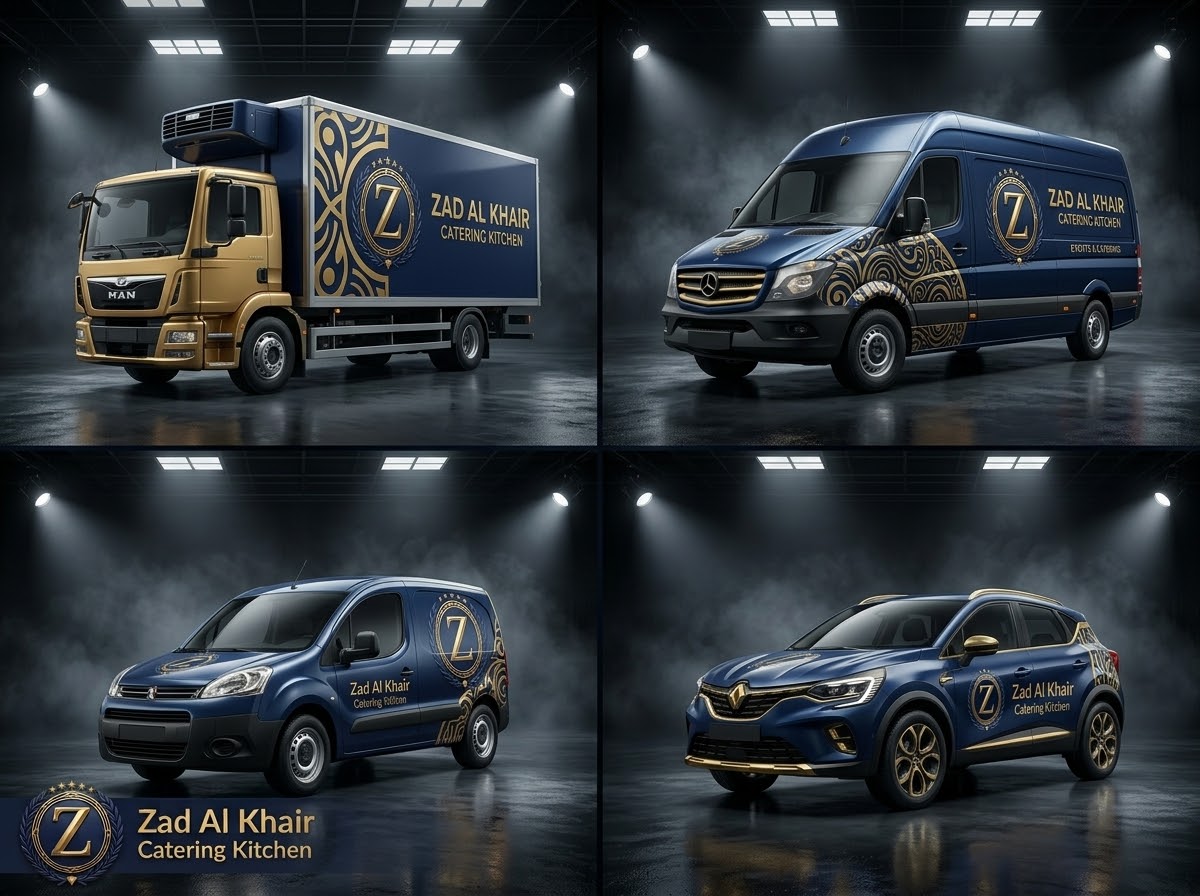 Branded catering delivery fleet: refrigerated truck, panel van, compact van and supervisor car — ZAD Al Khair illustration