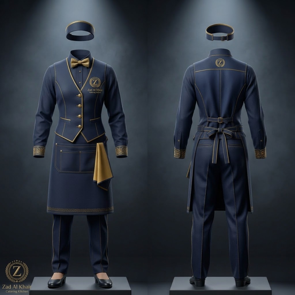 Service and hospitality staff uniform with vest and bow tie — ZAD Al Khair catering illustration