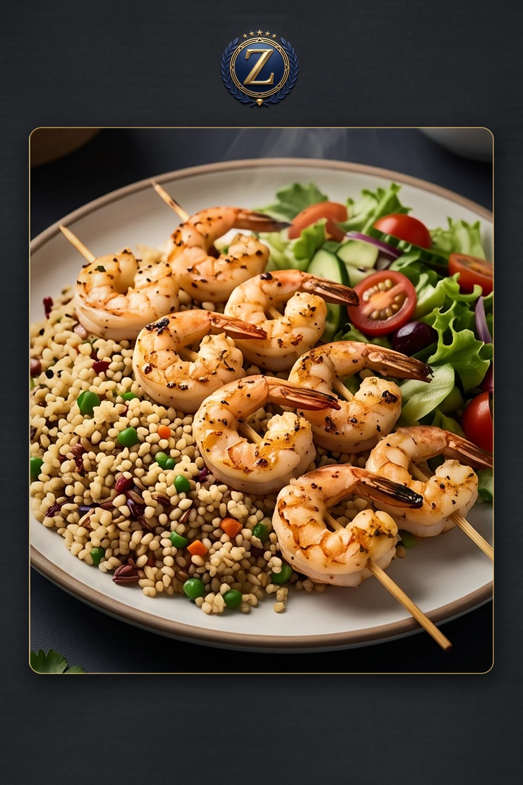 Garlic shrimp with couscous and salad — ZAD Al Khair catering illustration