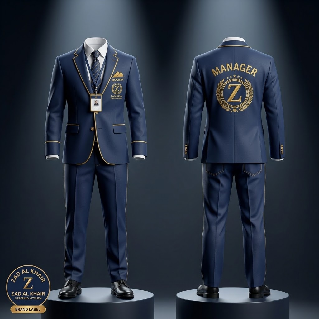 Operations manager uniform, navy suit with gold trim — ZAD Al Khair catering illustration