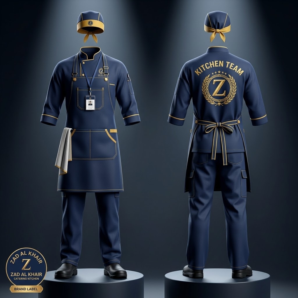 Kitchen team cook uniform with bandana and apron — ZAD Al Khair catering illustration