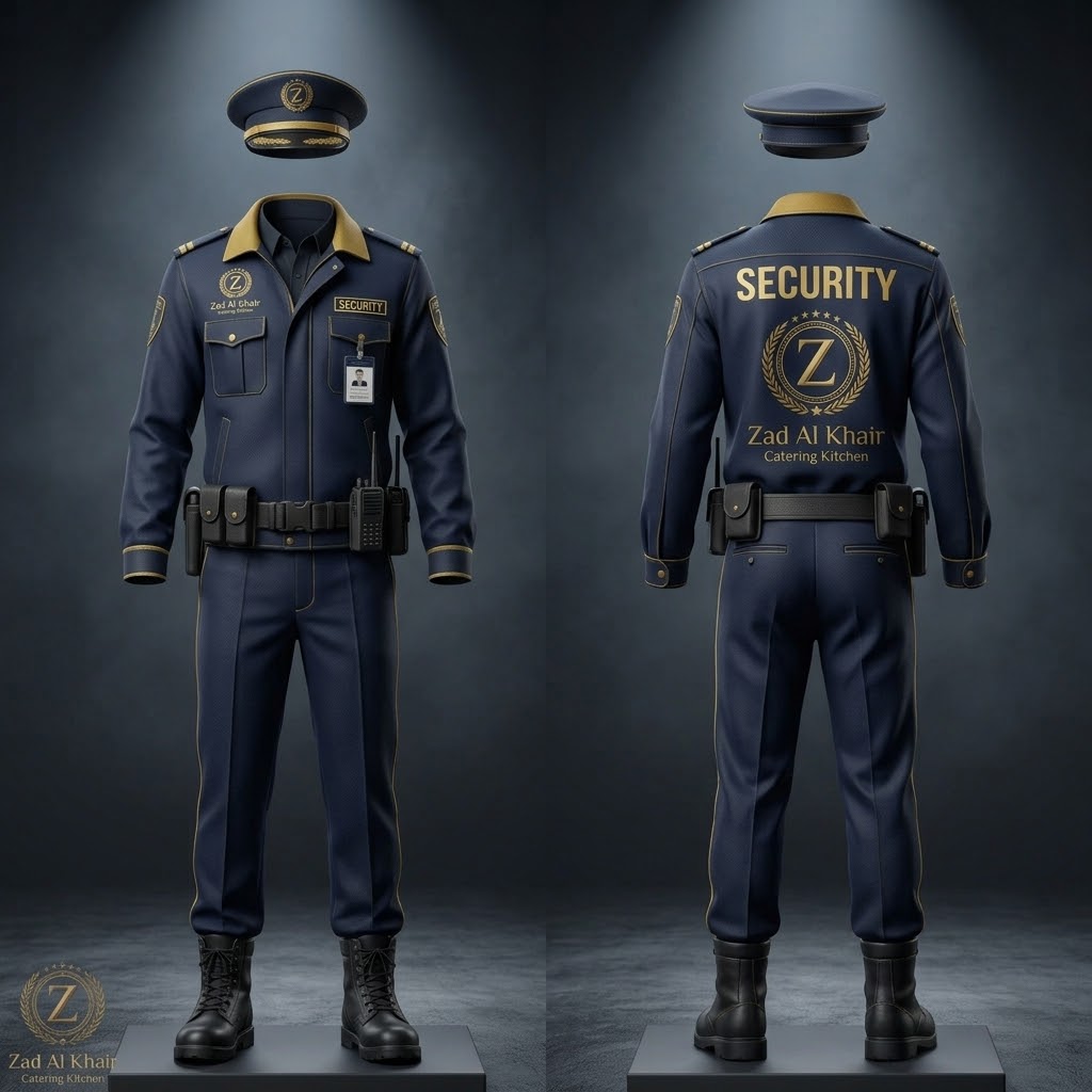Site security staff uniform with cap and duty belt — ZAD Al Khair catering illustration
