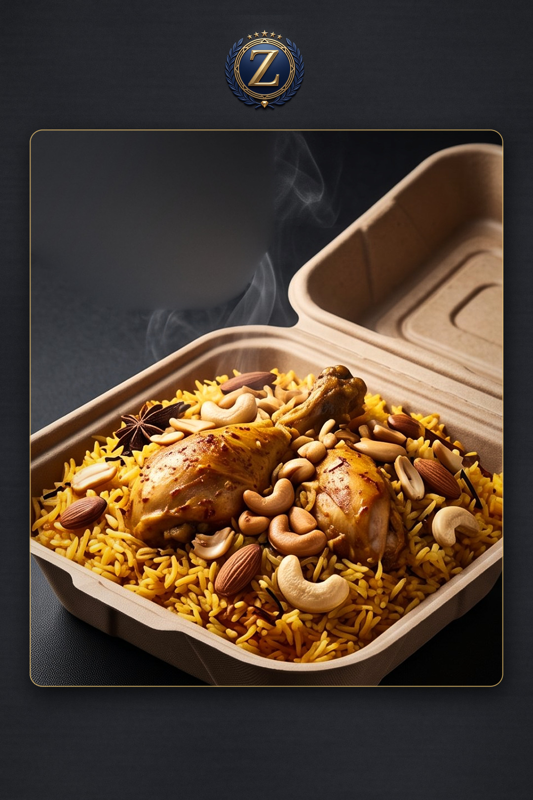 Chicken biryani with nuts in a packed meal box — ZAD Al Khair catering illustration