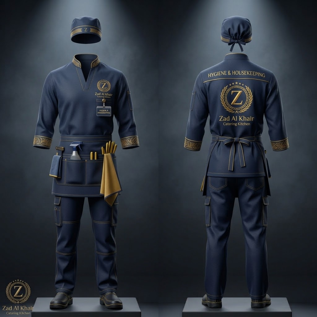 Hygiene and housekeeping staff uniform with tool apron — ZAD Al Khair catering illustration