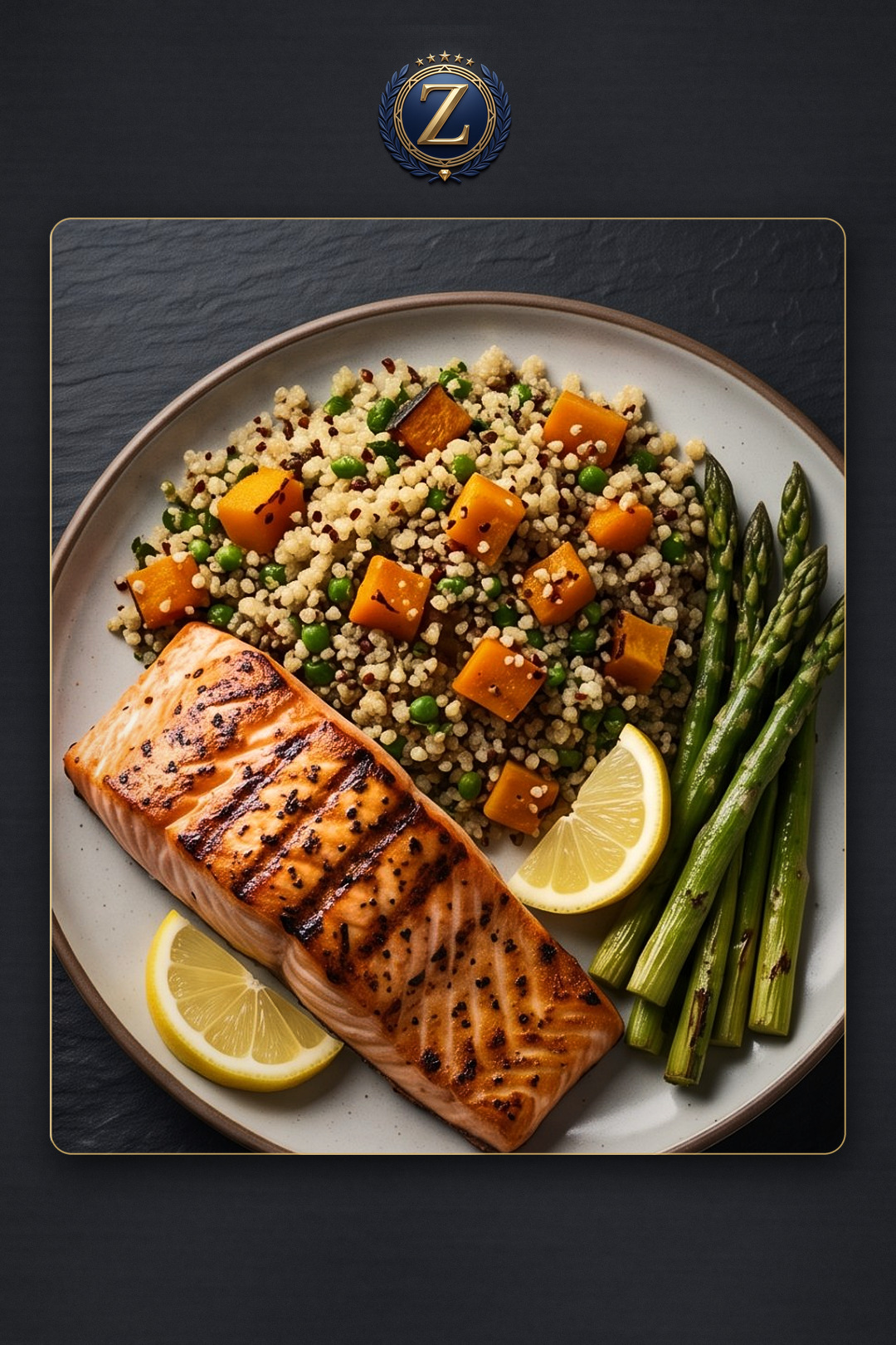 Grilled salmon with quinoa and asparagus — ZAD Al Khair catering illustration