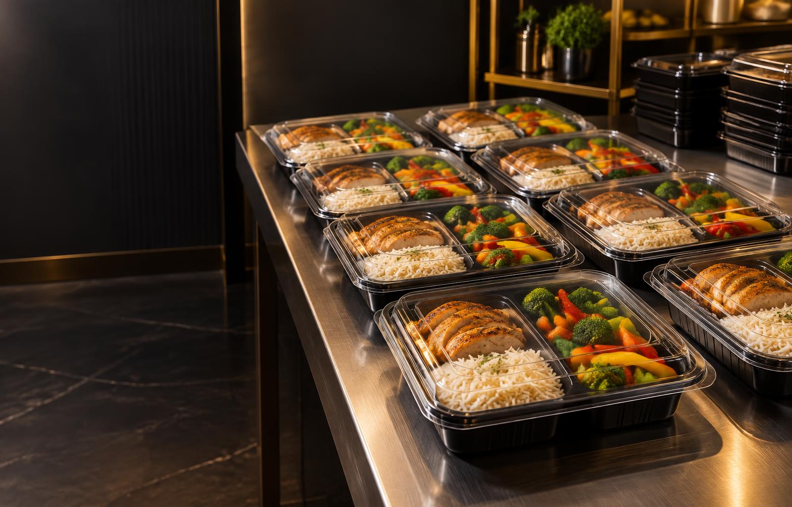 Illustrative packed chicken, rice and vegetable meals arranged for dispatch