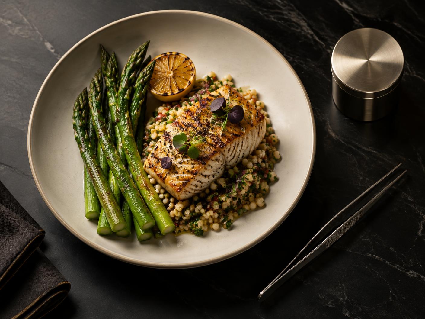 Illustrative grilled fish meal with asparagus, grains and serving utensils