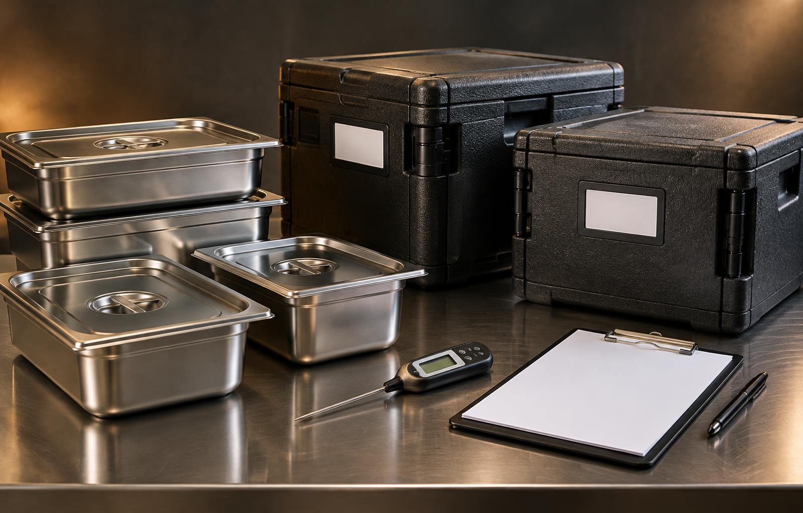 Illustrative insulated catering carriers, containers and temperature probe